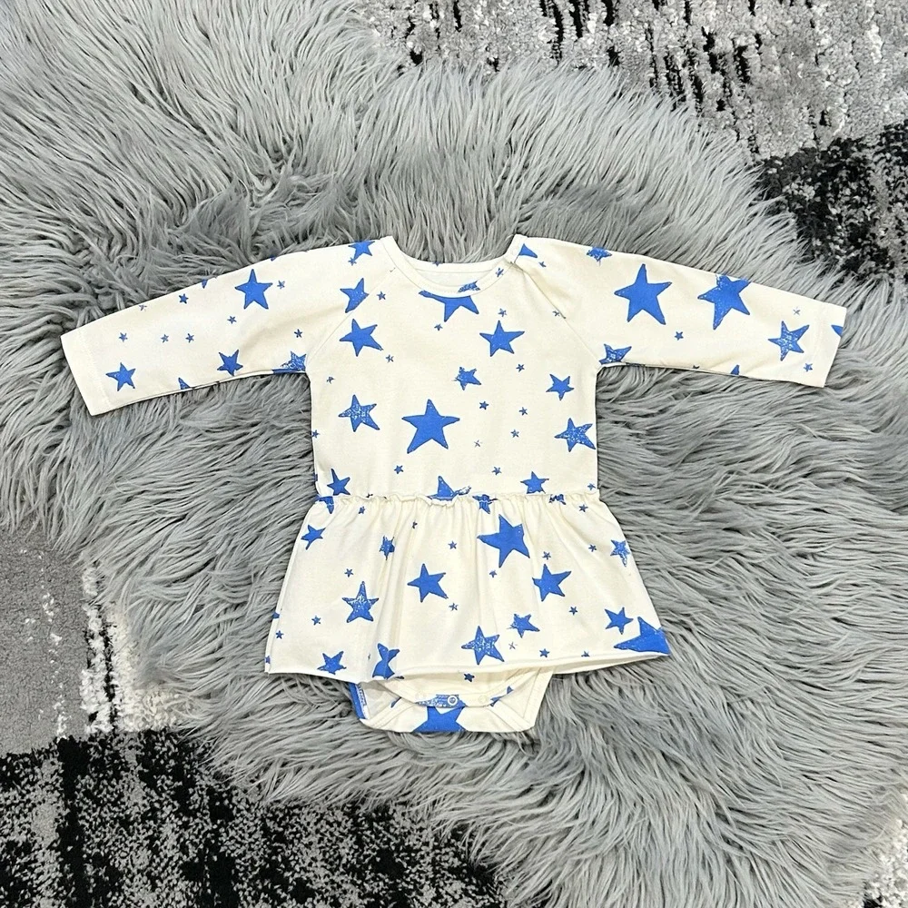 Noé & Zoë Berlin Baby Girls Blue Stars Pattern Skirted Bodysuit Size 3-6month